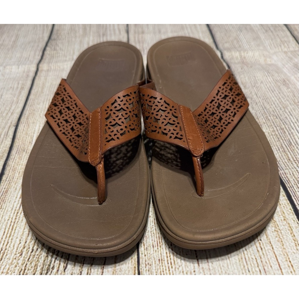 Wmns Fit Flops Laser Cut Out Tan Brown Leather Sandals Fitflops Sz 11 US 43 EUR - Picture 2 of 5
